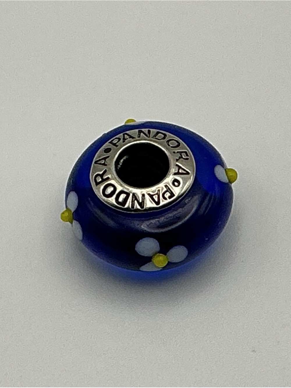 Pandora Blue Murano Glass White Flower Charm Bead 925 ALE